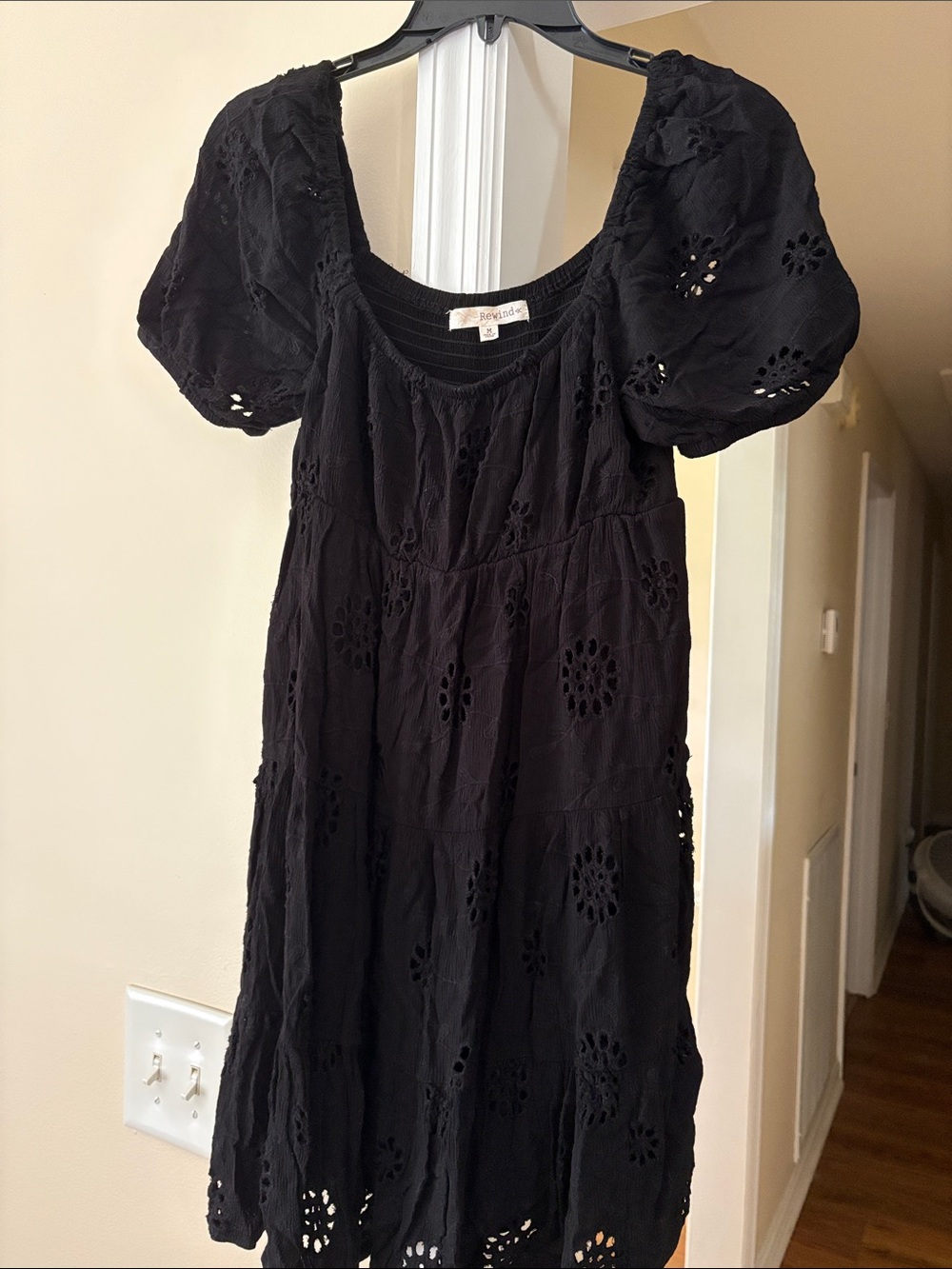 Rewind Black Eyelet Puff-Sleeve Mini Dress